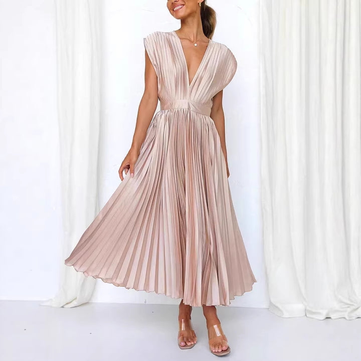 Damen Plissiertes Midikleid mit tiefem V-Ausschnitt und Taillengürtel Drune