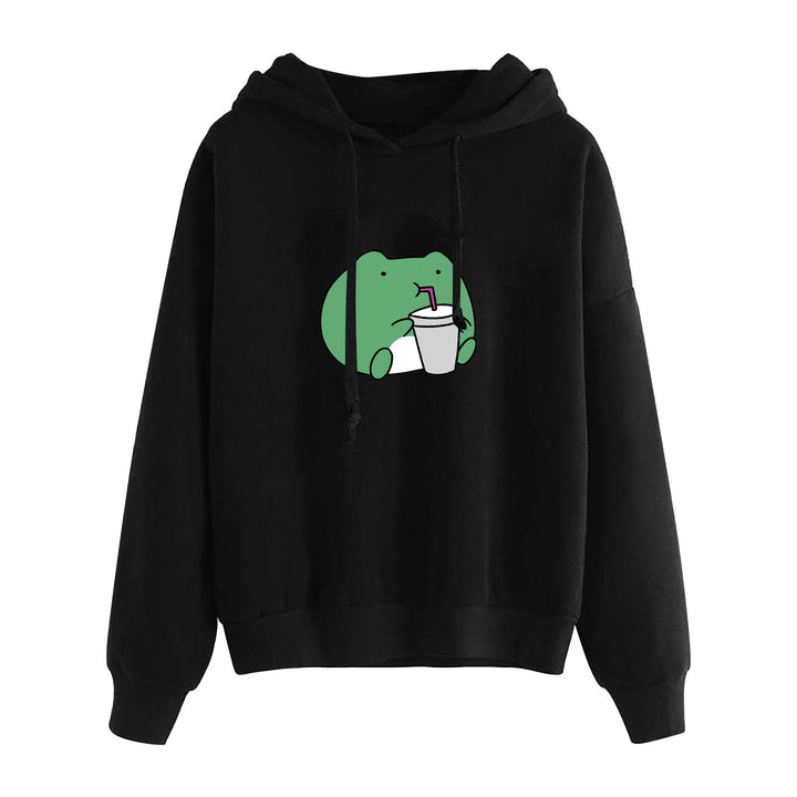 Damen nan kurz geschnittener Cropped-Kapuzenpullover mit niedlicher Frosch-Illustration und verstellbarer Kapuze Drune