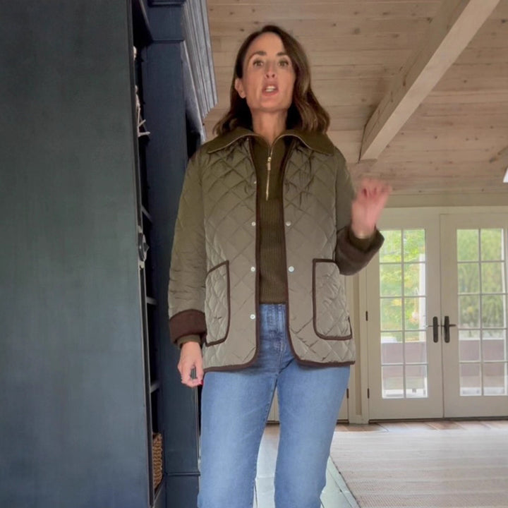 Damen gesteppte Fieldjacke mit Kontrastpaspel, aufgesetzten Pattentaschen & hüftlanger Boxy-Silhouette Drune