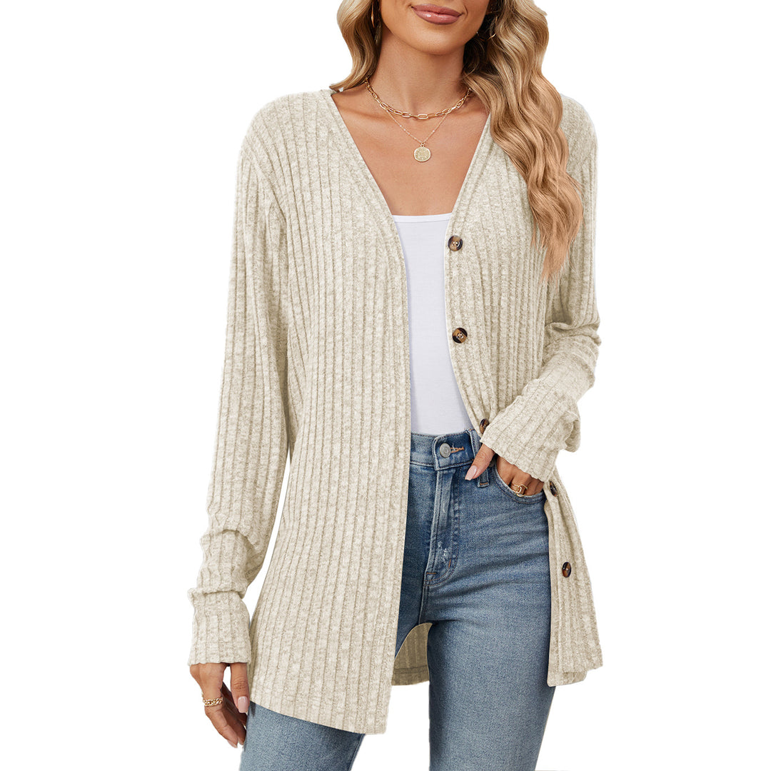 Damen lässige Strickjacke mit feiner Rippstruktur und praktischen Knöpfen Drune