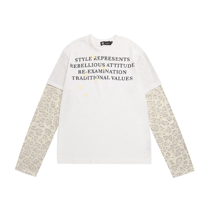 Damen Lagen-Langarmshirt mit Kontrastärmeln im Leo-Muster und Statement-Print Drune