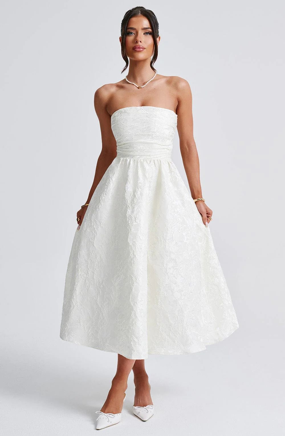 Damen schulterfreies A-Linien Kleid mit luxuriösem Blumenmuster Drune