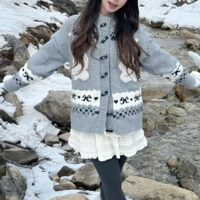 Damen Gemusterte Strickjacke mit tierischem Motiv und Knopfdetails Drune