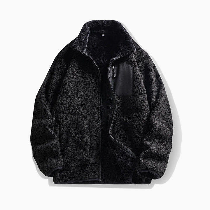 Herren Teddy-Fleecejacke mit Stehkragen, Kängurutaschen und Brust-Reißverschlusstasche Drune