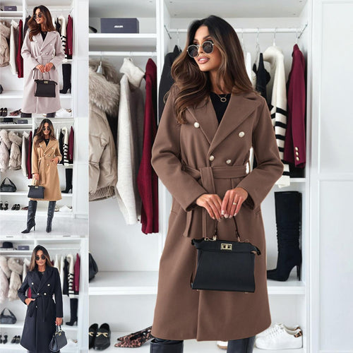 Damen Doppelt genähter Trenchcoat mit taillierbarem Gürtel und eleganter Struktur Drune