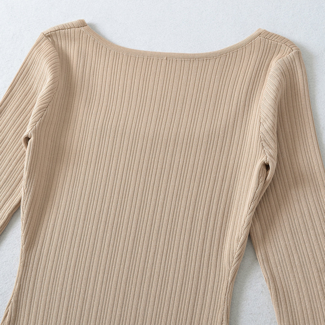 Damen Geripptes Midikleid mit quadratischem Ausschnitt und dreiviertelärmeln Drune