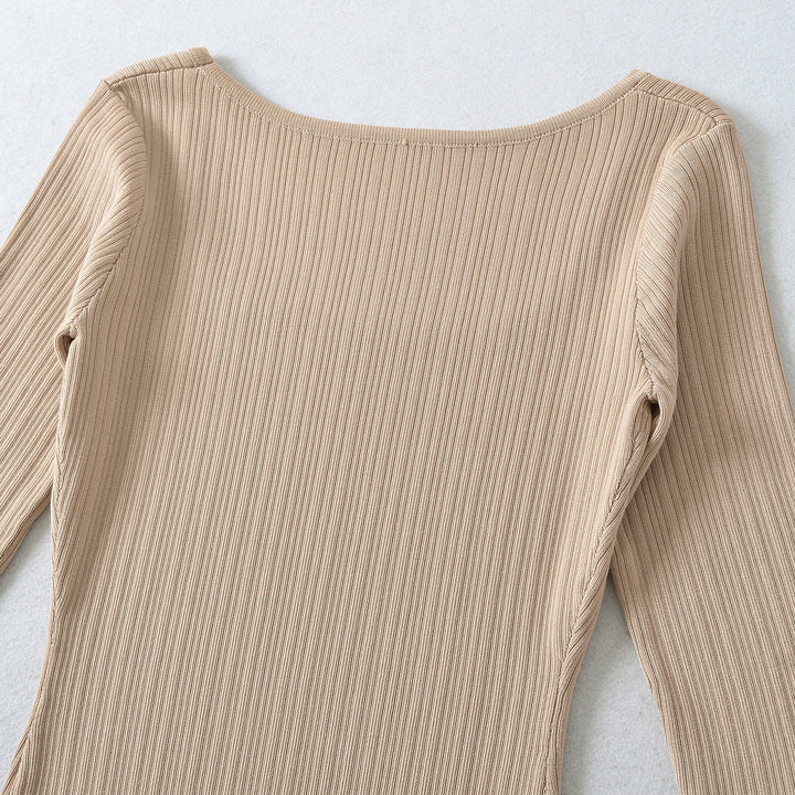Damen Geripptes Midikleid mit quadratischem Ausschnitt und dreiviertelärmeln Drune