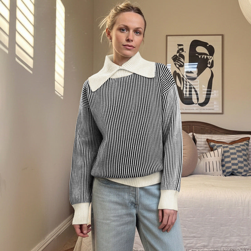 Damen Pullover mit modischem Streifenmuster und elegantem Kragen Drune