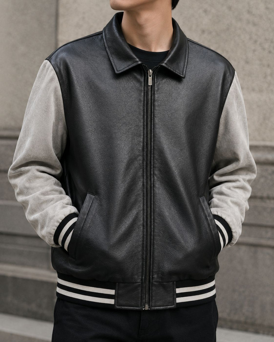 Herren Modische Bomberjacke aus Kunstleder Drune