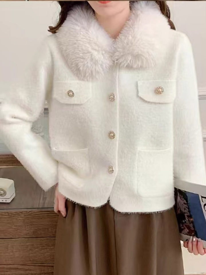 Damen Elegante Kurzjacke mit Kunstfellkragen Drune