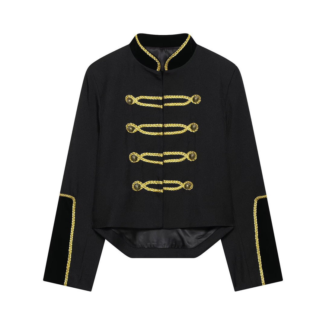 Damen Kurzblazer im Militärstil mit goldener Kordverzierung und Schwalbenschwanz Drune