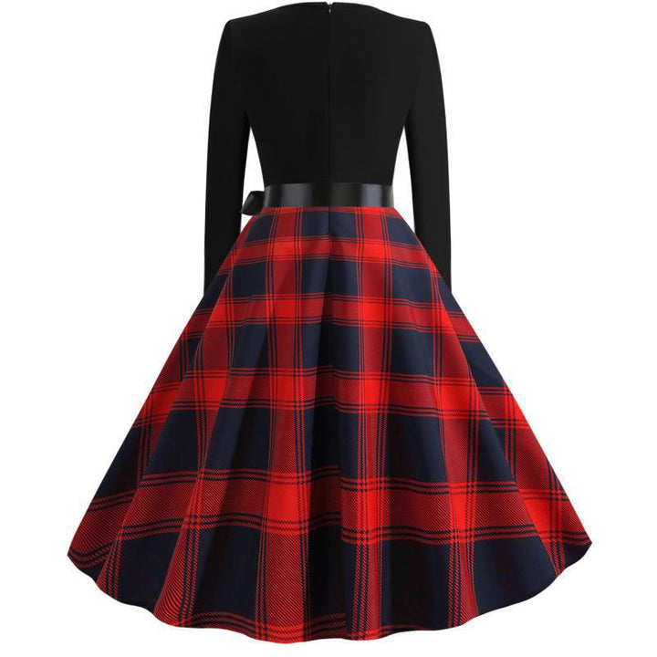 Damen Retro Swingkleid im Vintage-Stil mit geschwungener V-Kante, Satin-Taillenschleife und karierter Tellerrock Drune