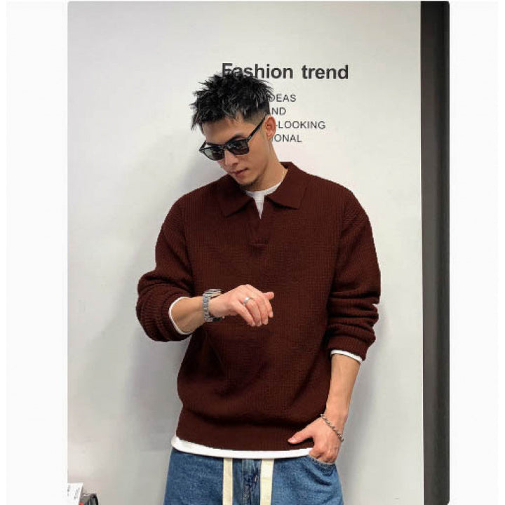 Herren Grobmaschiger Polokragen-Pullover mit verdeckter Halbleiste und geripptem Saum Drune