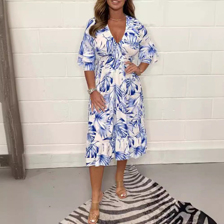 Damen nan Midikleid mit Blattprint, V-Ausschnitt, geraffter Empire-Taille und Volantstufen Drune