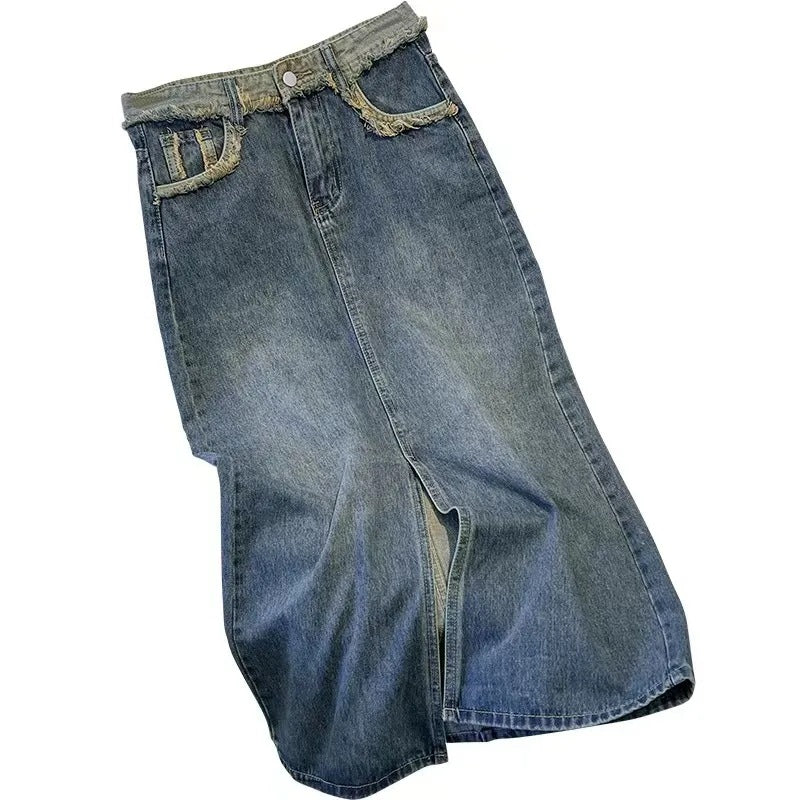 Damen Modischer Denim-Midi-Rock mit Frontschlitz Drune