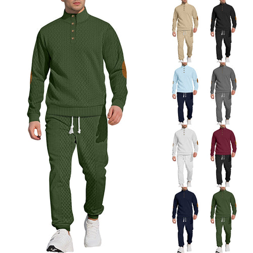 Herren nan strukturiertes Strick-Freizeitset mit Halbknopf-Stehkragen Wildleder-Ellbogenpatches und Kordelbund-Jogger Drune