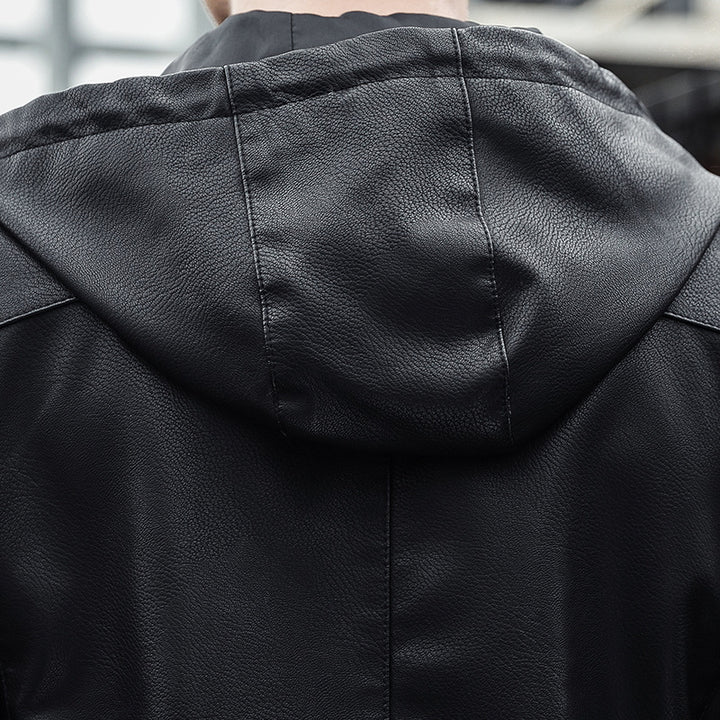Herren Modische Kunstlederjacke mit verstellbarer Kapuze Drune