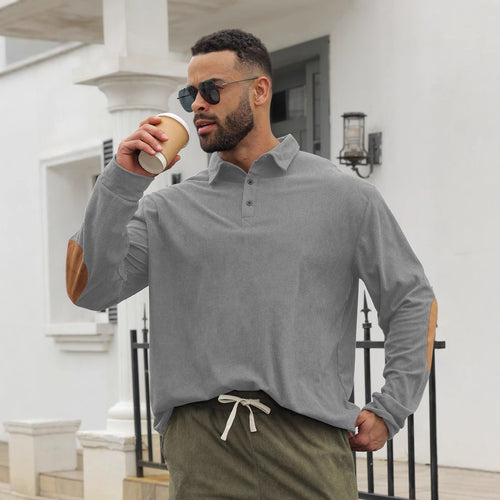 Herren nan legeres Langarm-Poloshirt mit Hemdkragen, kurzer Knopfleiste, feiner Struktur und Velours-Ellenbogenbesatz Drune