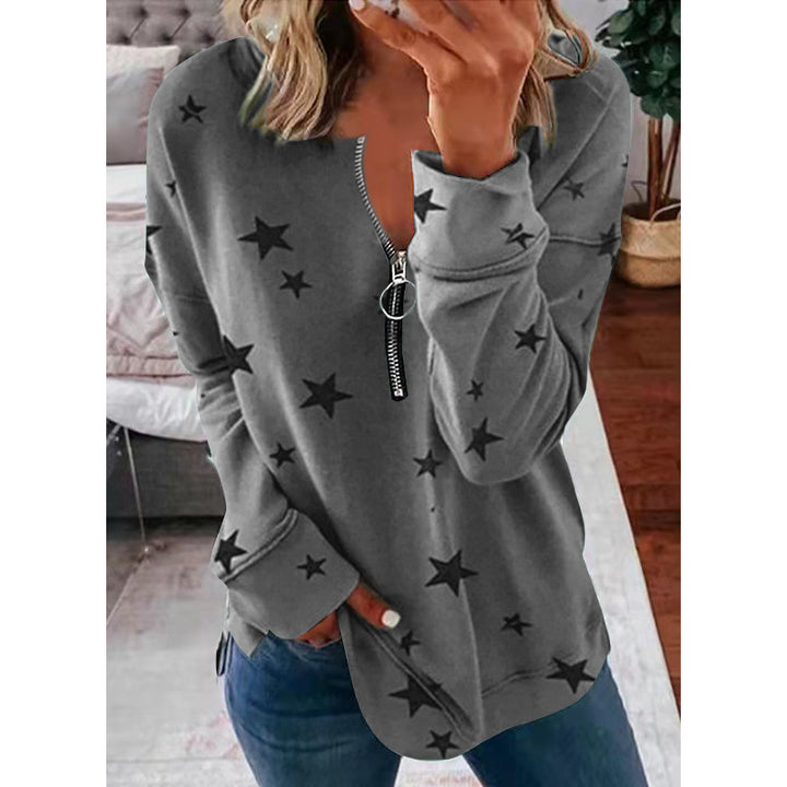Damen Lässiger Sweatshirt mit Reißverschluss und Sternenmotiv Drune