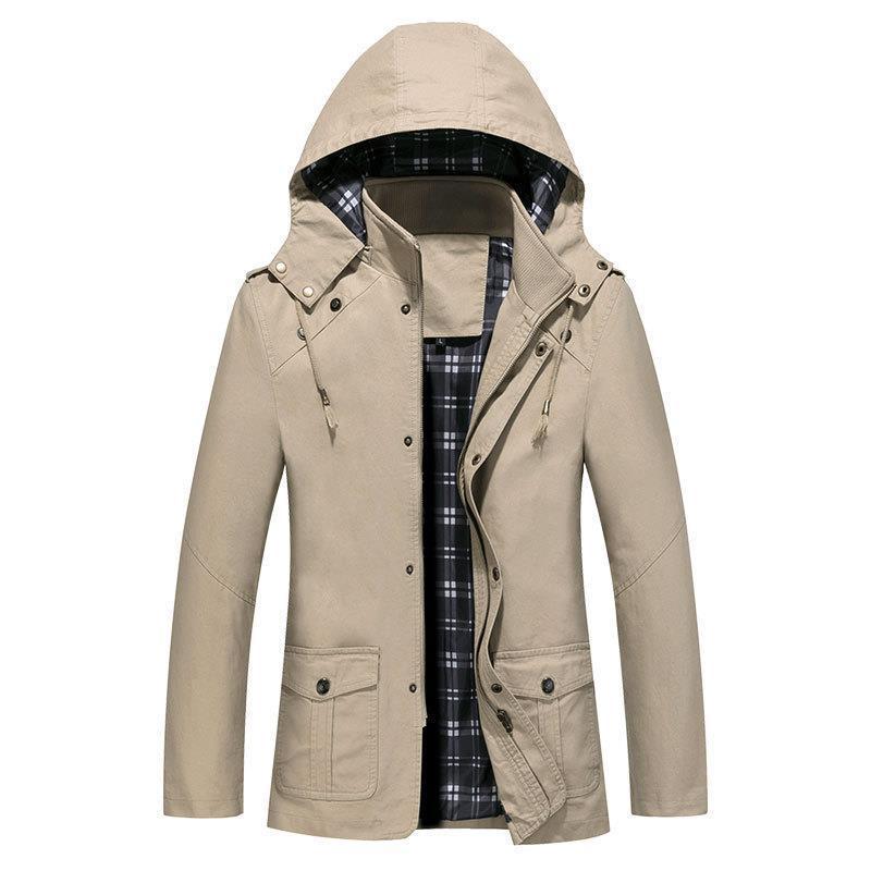 Herren Leichter Kapuzenparka mit kariertem Innenfutter und Multifunktions-Taschen Drune