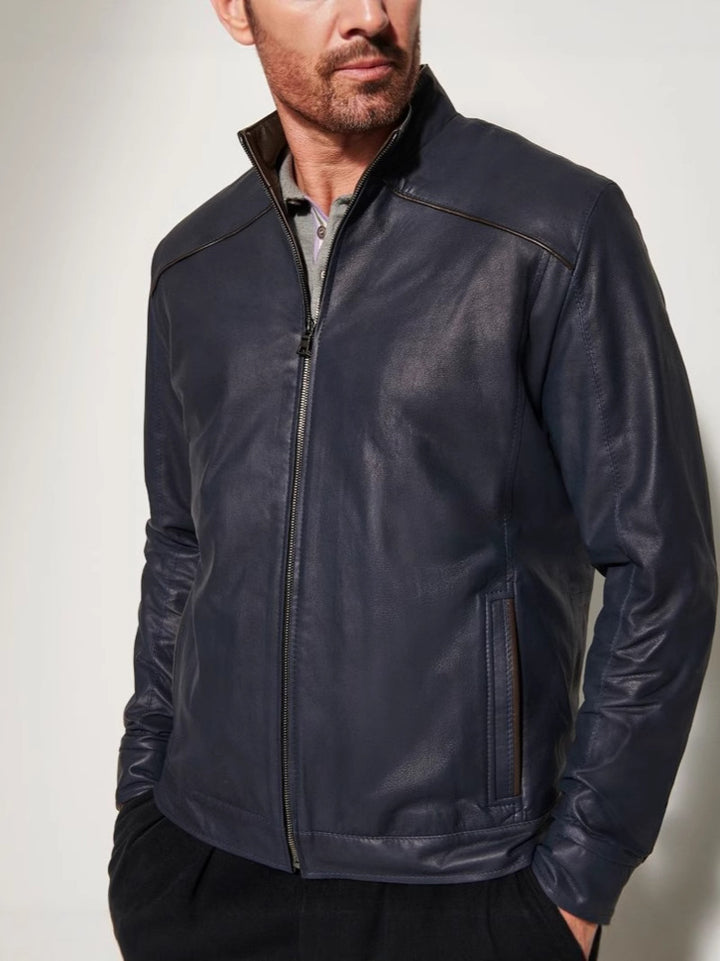Herren Lederjacke mit elegantem Stehkragen und seitlichen Reißverschlusstaschen Drune