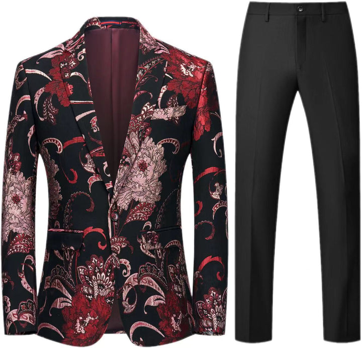 Damen Zweiteiliges Satin-Jacquard-Sakko mit floralem Muster und taillierter Passform sowie Slim-Fit Anzughose Drune