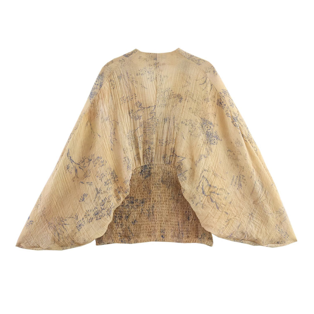 Damen 1000+ leichtes Cropped Kimono‑Top mit Smockbund und tiefem V‑Ausschnitt Drune