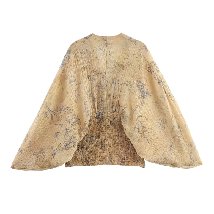 Damen 1000+ leichtes Cropped Kimono‑Top mit Smockbund und tiefem V‑Ausschnitt Drune