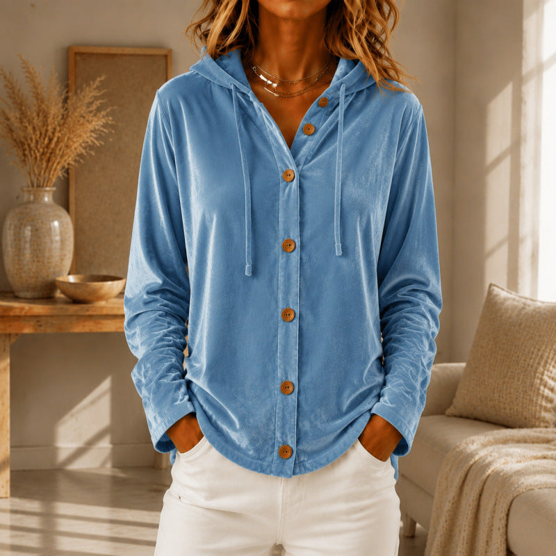 Damen Velours-Hemdjacke mit Kapuze und Knopfleiste Drune
