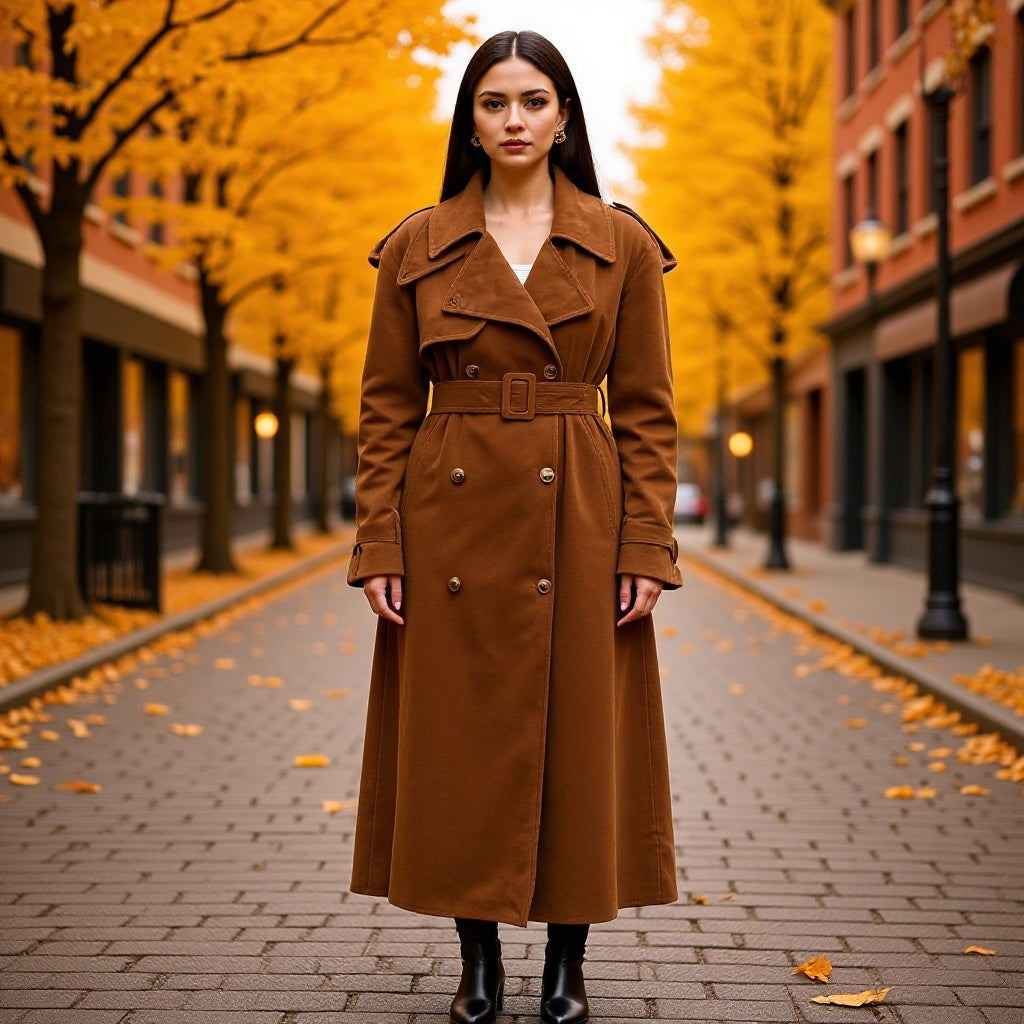 Damen Eleganter langer Taillentrenchcoat mit doppelreihiger Knopfleiste und ausgestelltem Saum Drune