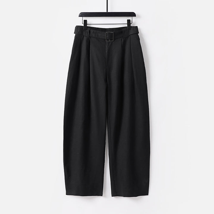 Damen Hochgeschnittene weite Leinenmix-Hose mit Bundfalten und Stoffgürtel Drune