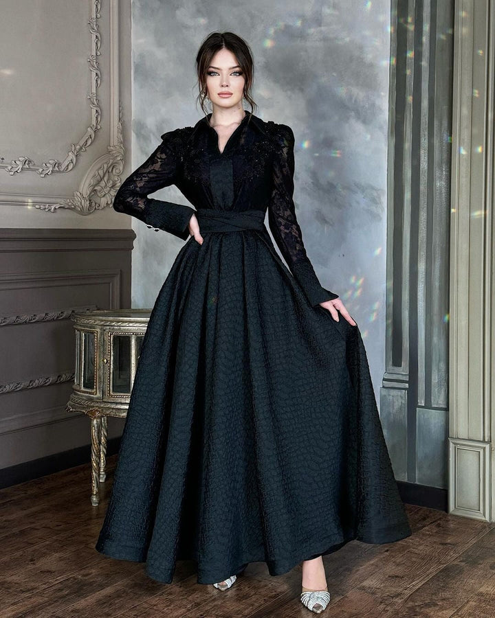 Damen Elegantes Maxikleid mit Spitzenärmeln und Taillengürtel Drune