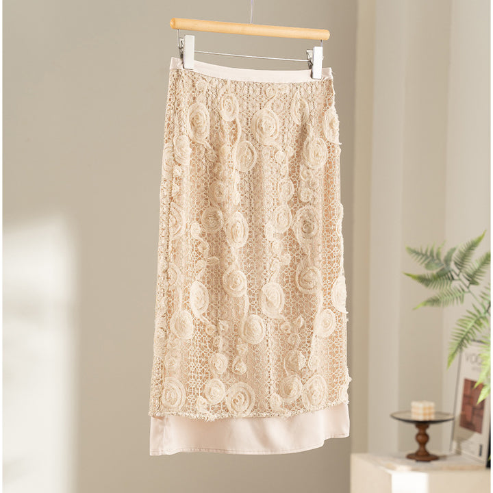 Damen Spitzen-Midirock mit floraler Häkelspitze und blickdichtem Futter Drune