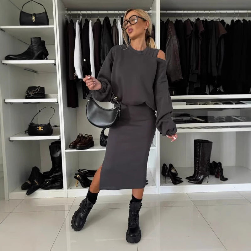Damen Bequemes Sweatset mit Ein-Schulter-Ausschnitt und Taillierter Midi-Rock Drune