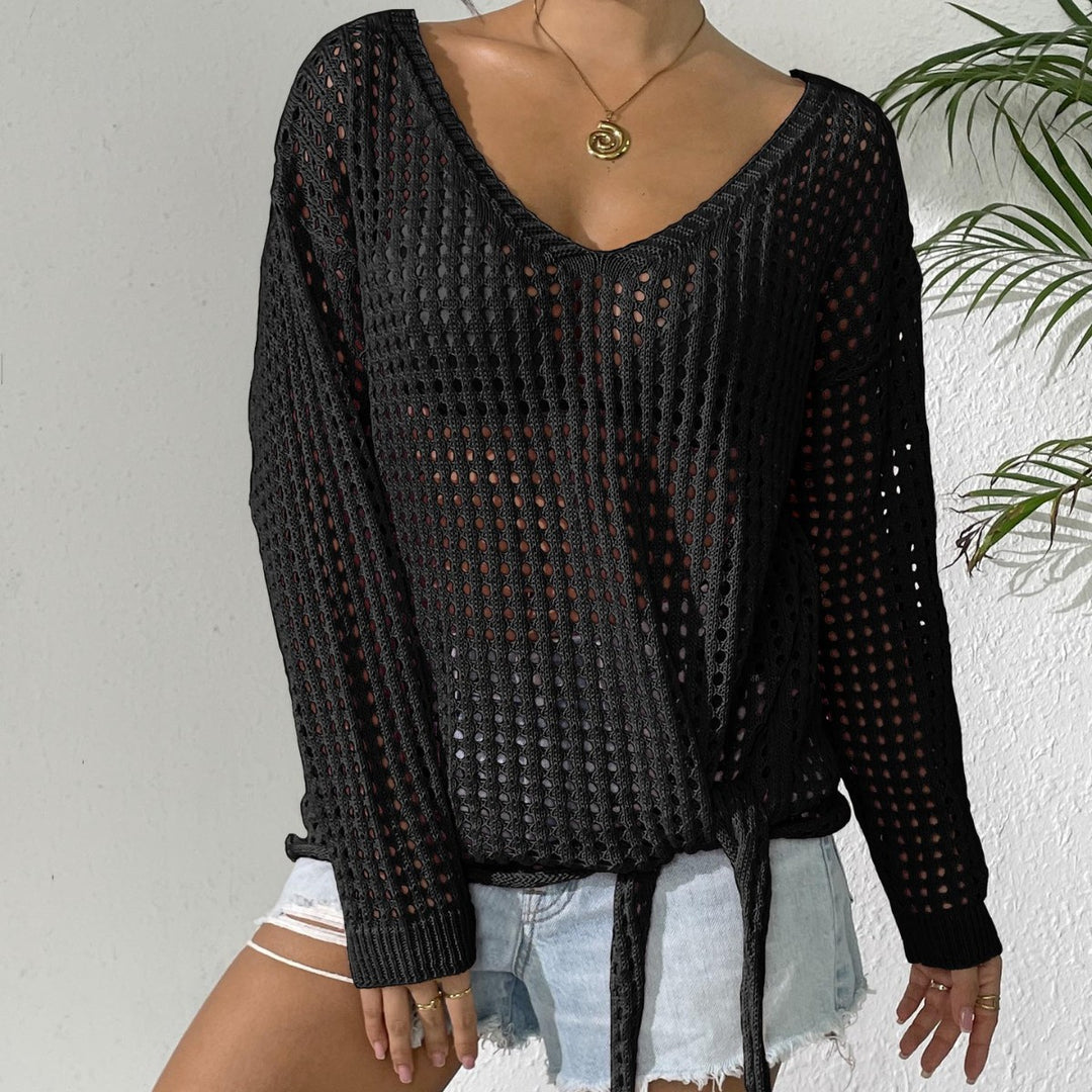 Damen luftiger Strickpullover mit V-Ausschnitt und dekorativem Knoten Drune