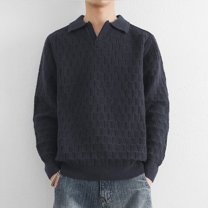 Herren Feinstrick-Polo-Pullover mit Strukturstrick und offenem V-Ausschnitt Drune