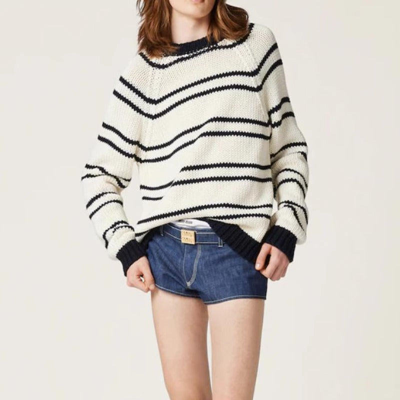 Damen Modischer Streifenpullover aus grobem Strick Drune