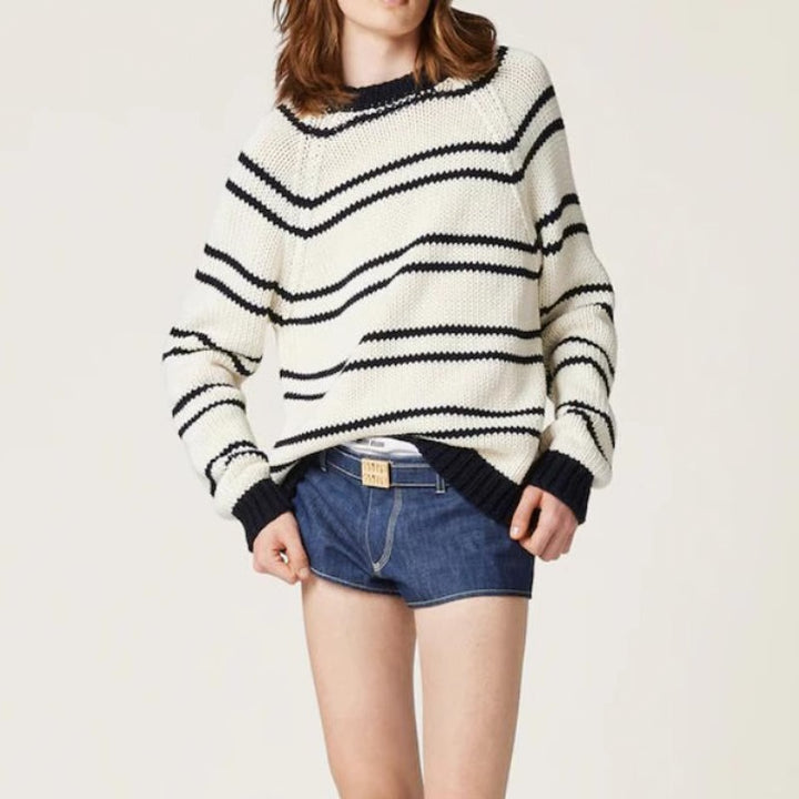 Damen Modischer Streifenpullover aus grobem Strick Drune