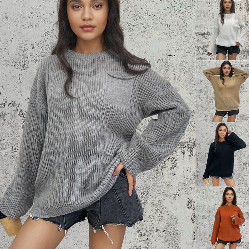 Damen Grobstrick Pullover mit praktischem Taschen-Design Drune