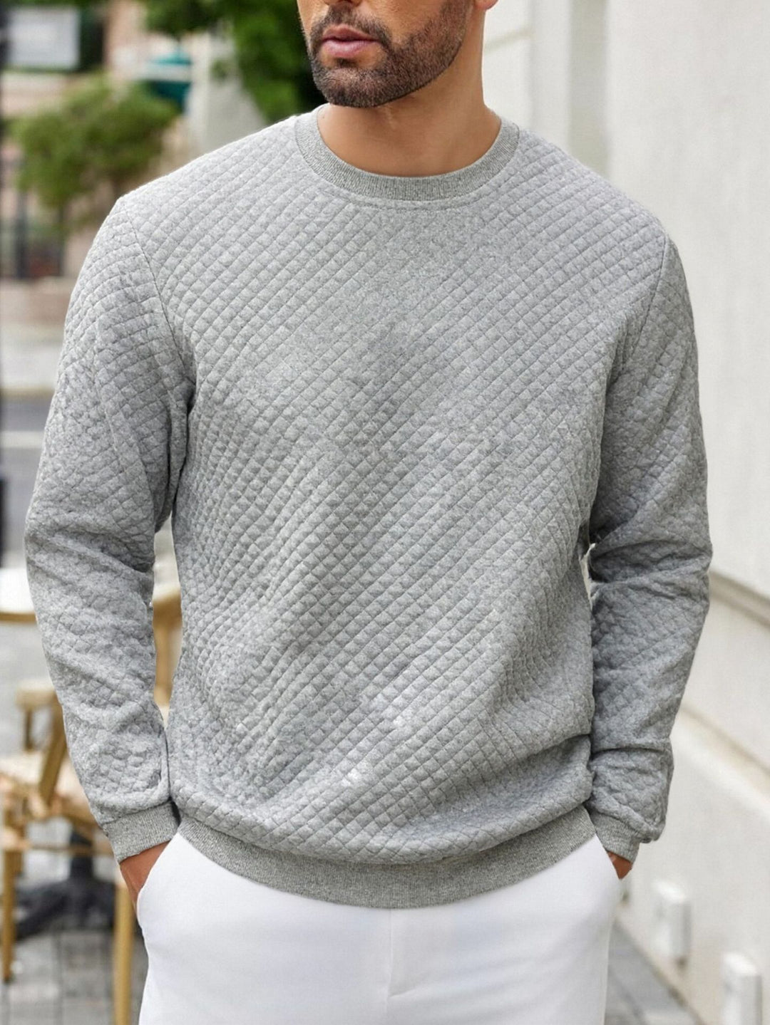 Herren gesteppter Sweatpullover mit Rautensteppung, geripptem Kragen und komfortablem Regular Fit Drune