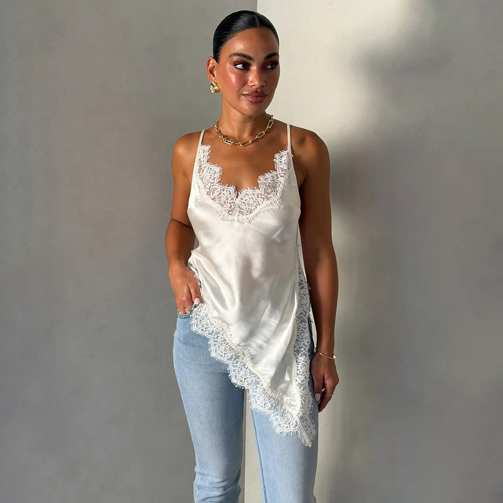 Damen Seidiges Spaghettiträgertop mit Spitzendetails Drune