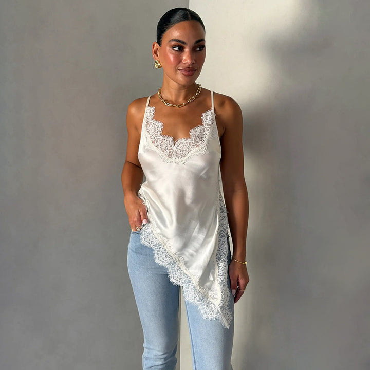 Damen Seidiges Spaghettiträgertop mit Spitzendetails Drune
