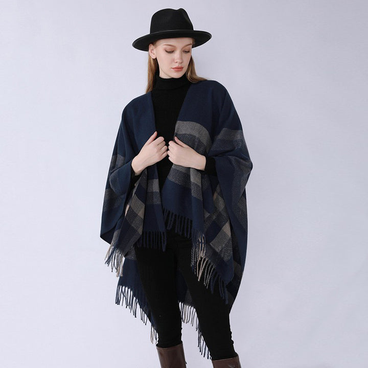 Damen Grobgewebte Cape‑Ruana im Oversize mit verlaufendem Karomuster und Fransensaum Drune