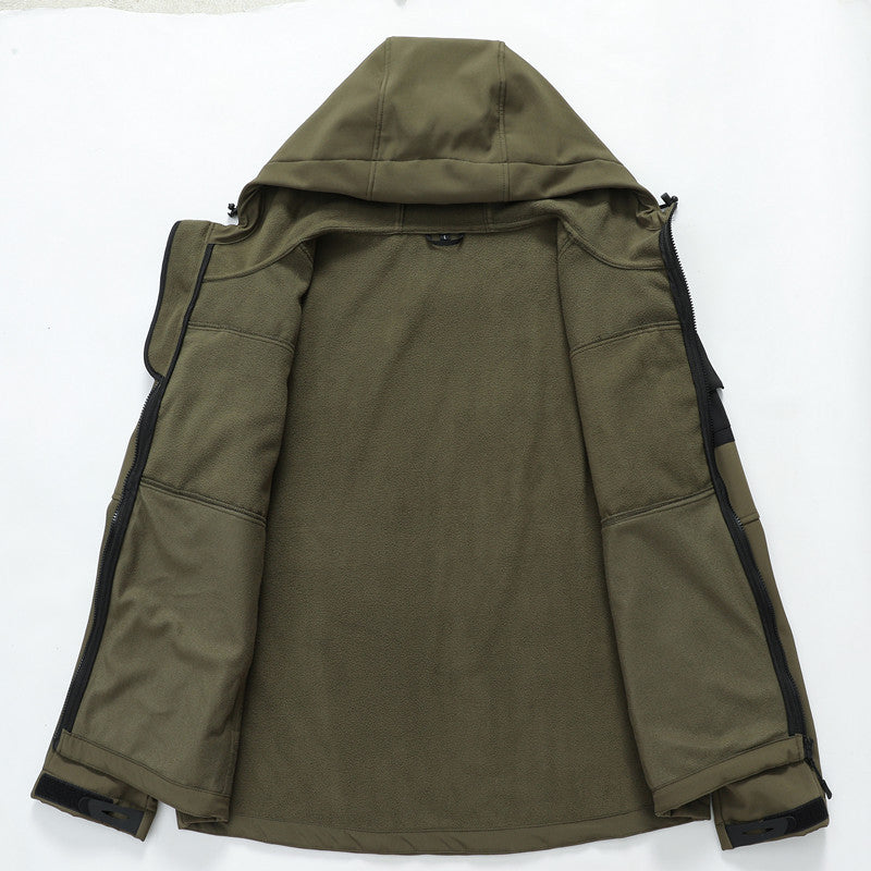 Herren Softshell-Tactical Jacke mit Fleece-Innenfutter, Kapuze und Multifunktionstaschen Drune
