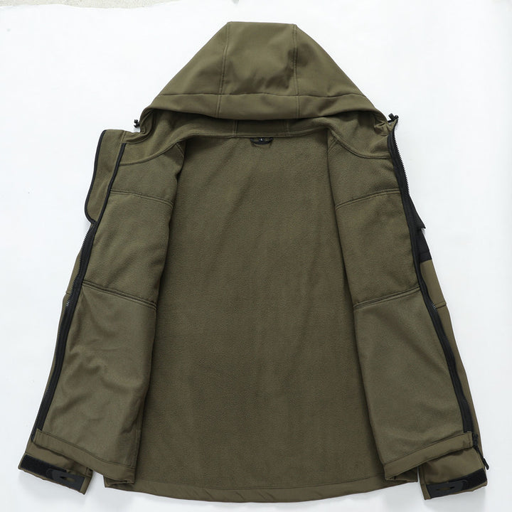 Herren Softshell-Tactical Jacke mit Fleece-Innenfutter, Kapuze und Multifunktionstaschen Drune