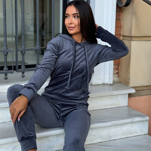 Damen weiches Velours-Lounge-Set mit Kapuzenpullover und tapered Jogginghose Drune