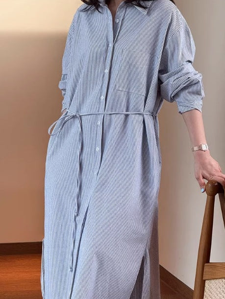 Damen Langes Hemdblusenkleid aus Popeline mit feiner Streifenstruktur, Kordel‑Taille und Seitenschlitzen Drune