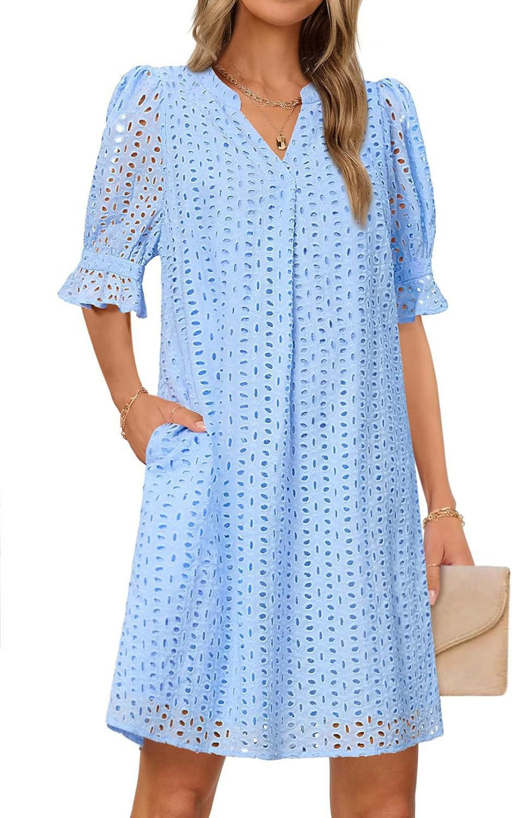 Damen luftiges Sommerkleid mit romantischem Lochmuster und praktischen Taschen Drune