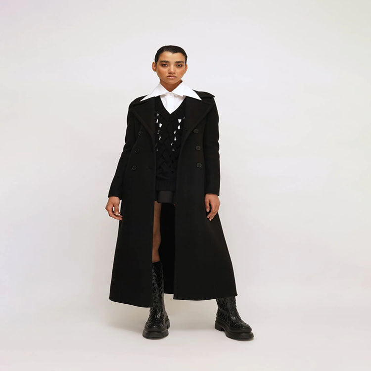 Damen Eleganter bodenlanger Wollmix‑Longcoat im Clean‑Cut Doppelreiher mit strukturierter Schulterpartie Drune