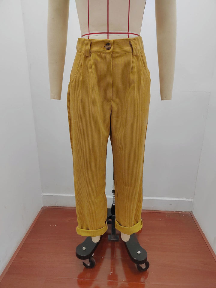 Damen nan weiche weite Cordhose mit hoher Taille, Bundfalten und umgeschlagenem Saum Drune